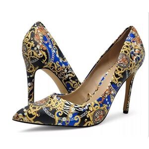 Aldo Kriss Stiletto Heels Sz. 7.5 Tiger Chain Gold Blue Black